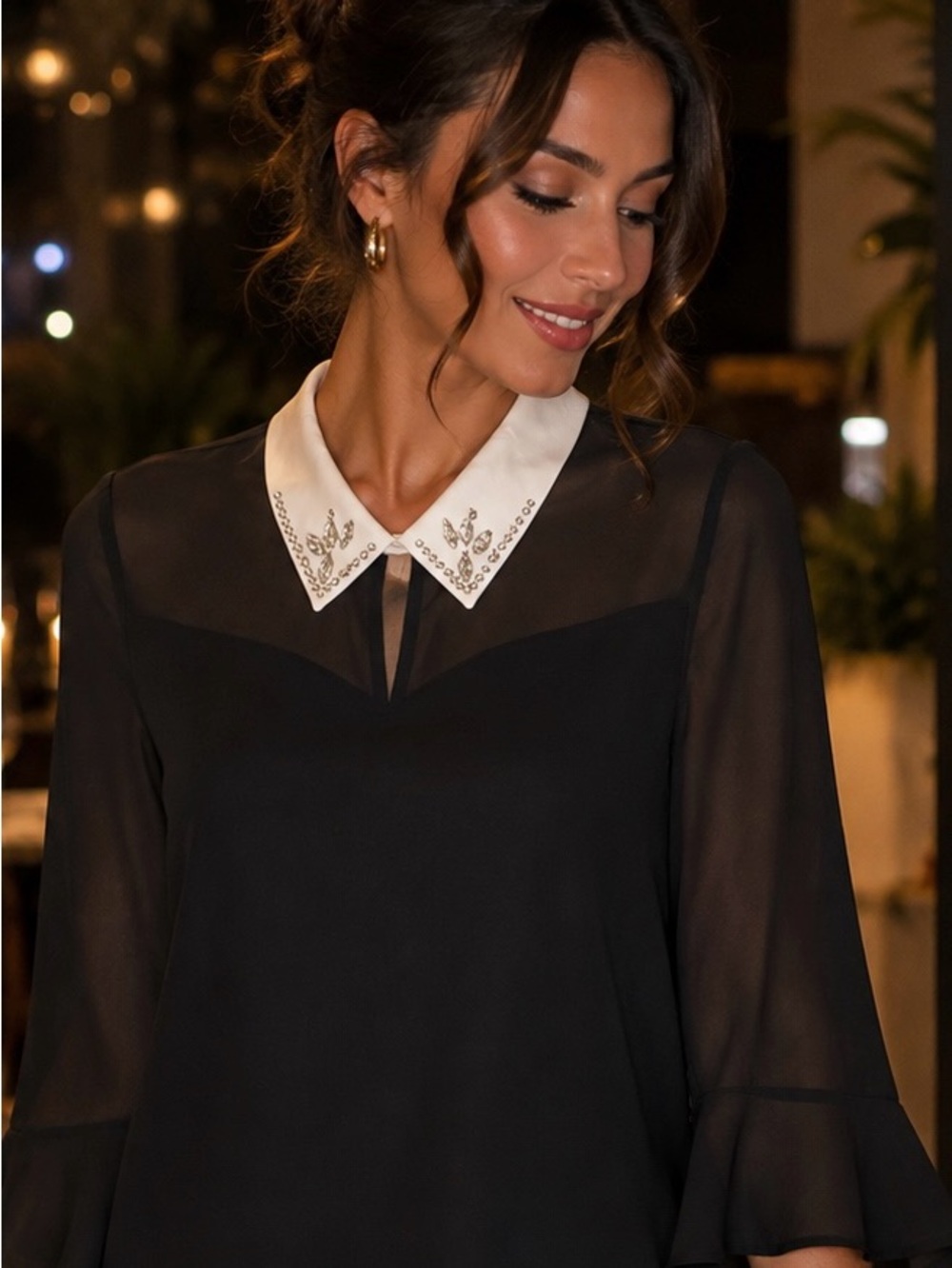 Faith and Joy Black Blouse with White Embellished Collar